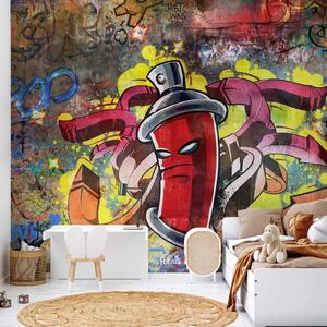 Carta da parati Mostro graffiti - street art con bomboletta rossa su sfondo colorato