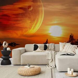 Carta da parati Tramonto fantasioso - paesaggio cosmico con pianeti in tonalità rosse