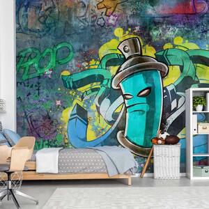 Carta da parati Creatore di graffiti - street art con bomboletta verde su sfondo colorato