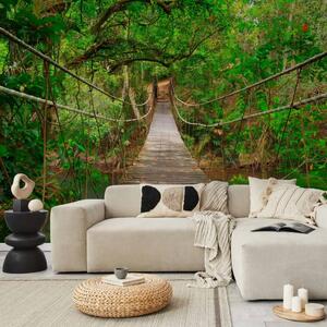 Carta da parati moderna Ponte tra il verde - ponte sospeso con passerella in legno nel bosco
