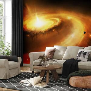 Carta da parati moderna Centro galattico della Via Lattea - motivo cosmico con pianeti su sfondo rosso