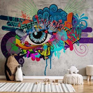 Carta da parati moderna Occhio graffiti - street art colorata su muro di cemento grigio