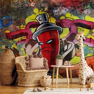 Carta da parati Mostro graffiti - street art con bomboletta rossa e sfondo colorato