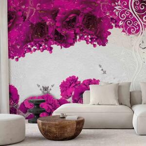 Carta da parati Colori di primavera - motivo floreale fucsia con farfalle su sfondo bianco
