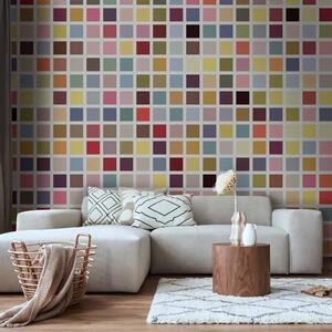 Carta da parati Mosaico di colori - motivo geometrico di quadrati multicolori con linee bianche