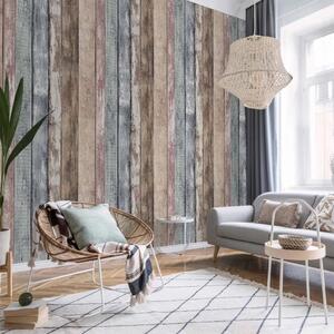 Carta da parati moderna Recinto in legno - modello con assi verticali blu, rosa e marroni