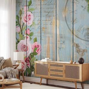 Carta da parati Giardino in stile vintage - rose e quadrante d’orologio su assi usurate