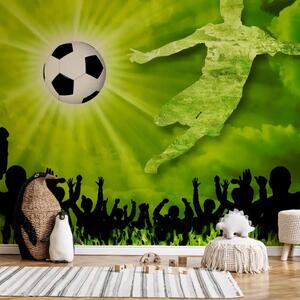 Carta da parati moderna Vittoria - silhouette di calciatore e tifosi con pallone su sfondo cielo