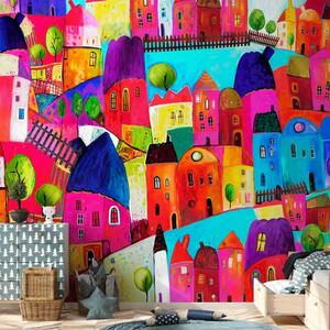 Carta da parati moderna Città arcobaleno - casette colorate in tonalità pastello