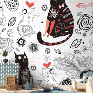 Carta da parati Gattini innamorati - due gatti con ornamenti di foglie, cuori e fiori
