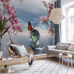 Carta da parati moderna Fantasia con farfalla - farfalla su sfera su sfondo di mare e magnolia