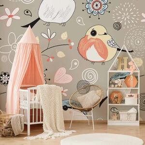 Carta da parati Animali - collage con uccelli e fiori su sfondo beige per bambini