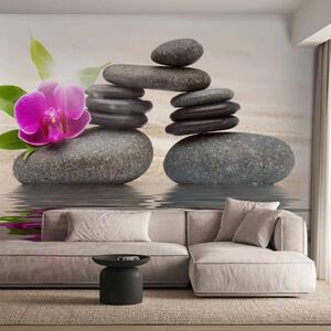 Carta da parati Feng shui - pietre zen con orchidea e foglie su una superficie d'acqua