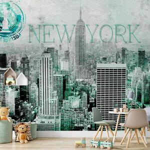 Carta da parati moderna New York smeraldo - vista dell'architettura con scritte e timbro
