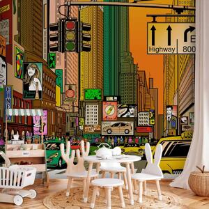 Carta da parati moderna Fumetto di New York - architettura colorata con taxi gialli