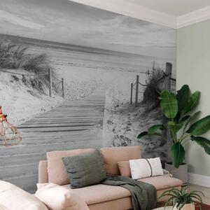 Carta da parati moderna Sulla spiaggia - paesaggio marino in bianco e nero con spiaggia e cielo