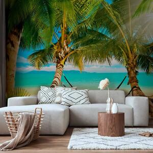 Carta da parati Paesaggio tropicale - un'amaca appesa tra le palme di fronte al mare