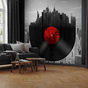 Carta da parati Musica di New York - disco in vinile con sfondo di architettura