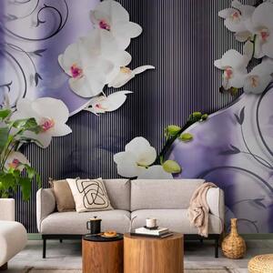 Carta da parati moderna Orchidee - fiori bianchi di peonia su sfondo viola
