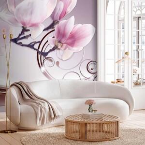 Carta da parati Delicata astrazione - magnolie su sfondo rosa con disegni