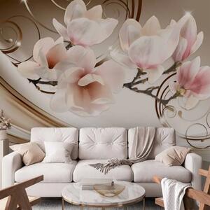 Carta da parati Onde di magnolie - fiori bianchi e rosa su sfondo marrone