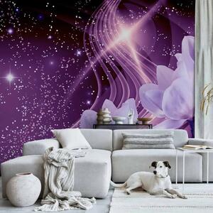 Carta da parati Via Lattea viola - fiori di orchidea su sfondo con effetto di bagliore