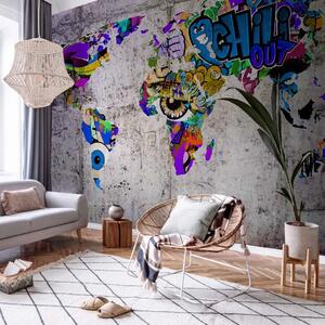 Carta da parati Mondo colorato - mappamondo in stile graffiti su sfondo grigio