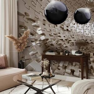 Carta da parati Puzzle dorato - astrazione con prospettiva ottica di corridoio e sfere nere