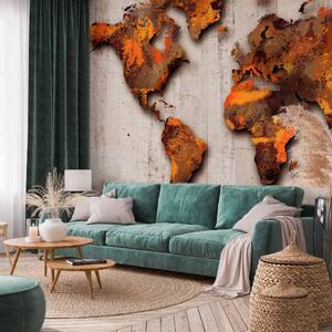 Carta da parati Mondo di bronzo - mappa del mondo su muro cemento grigio