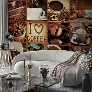 Carta da parati Chicchi del piacere - collage con tazze e chicchi di caffè