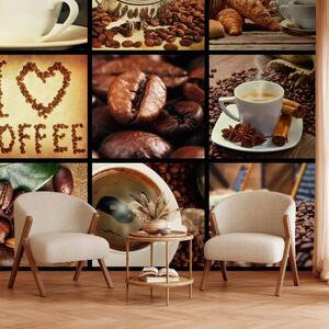 Carta da parati Amo il caffè - collage con tazze e chicchi di caffè