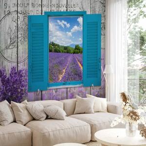 Carta da parati moderna Cartolina dalla Provenza - motivi provenzali in stile retrò, finestra con vista sul campo di lavanda