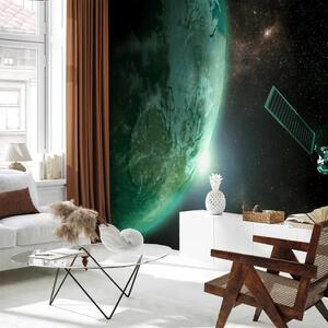 Carta da parati moderna Universo - paesaggio cosmico con stelle, Terra verde e satellite