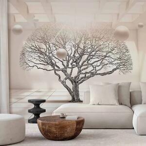 Carta da parati moderna Paesaggio geometrico - albero senza foglie in uno spazio beige