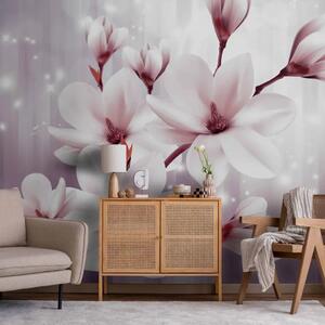 Carta da parati Magnolie rosa - fiori su sfondo viola con strisce e luci