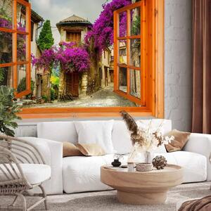 Carta da parati moderna Vista dalla finestra - paesaggio colorato, toscano su uno sfondo bianco con mattoni