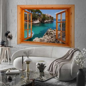 Carta da parati Vista dalla finestra - paesaggio di mare e isole incorniciato da legno