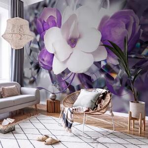 Carta da parati moderna Magnolie - fiori viola su sfondo sfocato con delicato splendore