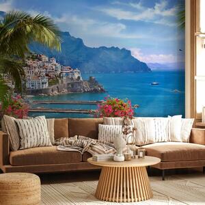 Carta da parati Paradiso mediterraneo - paesaggio marino con palme, architettura e costa
