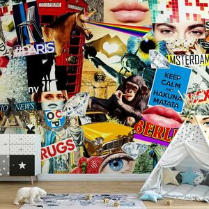 Carta da parati Street art - collage colorato con scritte in inglese e figure