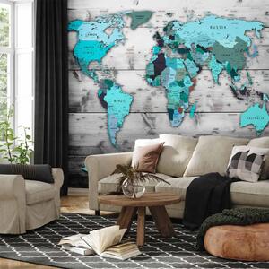 Carta da parati moderna Mondo blu - Mappa del mondo in tonalità blu su legno