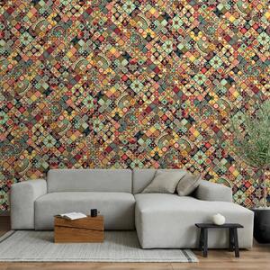 Carta da parati moderna Mosaico arcobaleno - piastrelle orientali colorate con motivi floreali