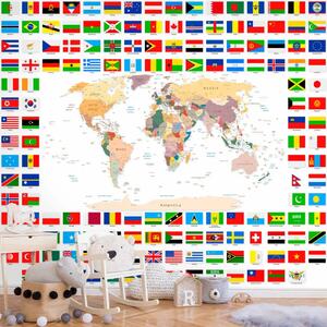 Carta da parati Studio di geografia - Mappamondo con bandiere degli stati in inglese