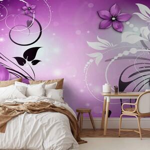 Carta da parati Fiori viola - Disegno in bianco e nero con fiori e ornamenti a foglia