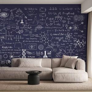 Carta da parati moderna Festival della scienza - lavagna con formule chimiche e disegni di biologia su sfondo grafite