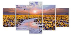 Quadro Fiume floreale - paesaggio pieno di fiori sull'acqua al tramonto