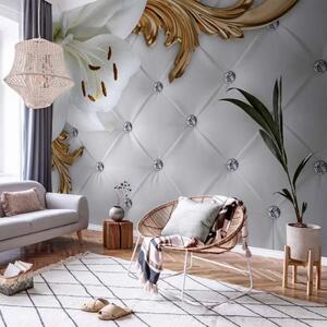 Carta da parati moderna Sogno regale - gigli su sfondo con texture trapuntata in stile glamour