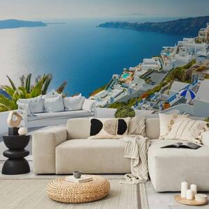 Carta da parati Vista su Santorini - terrazza con panorama marino e vista sulla costa