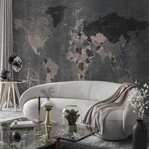 Carta da parati moderna Mondo grigio - mappa dei continenti su sfondo non uniforme con bussola