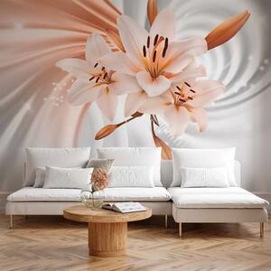 Carta da parati Astrazione arancione - gigli bianchi su sfondo con effetto di vortice